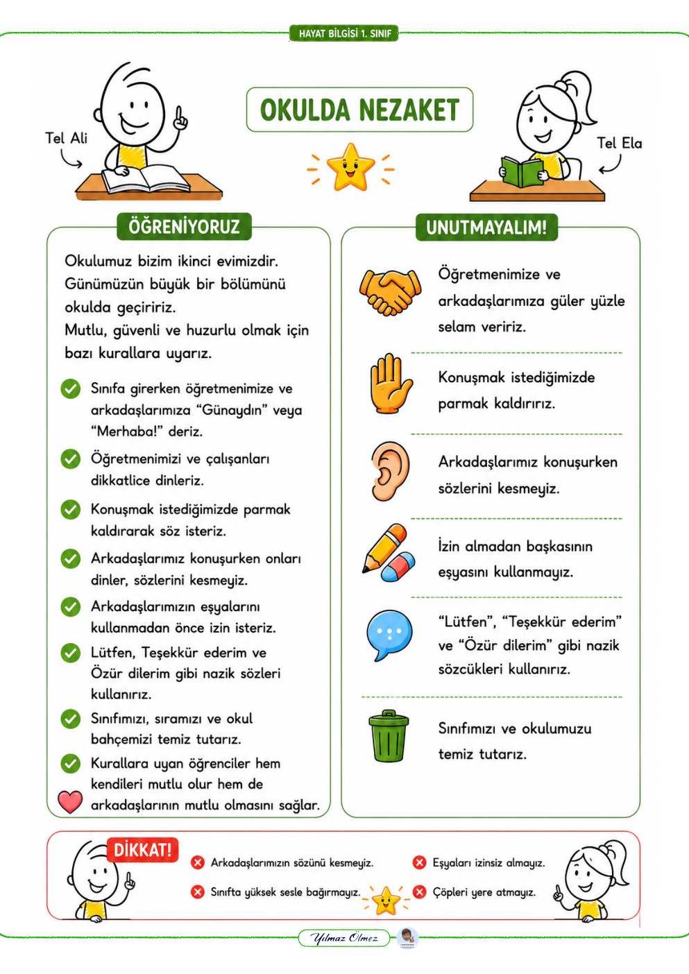 1. Sınıf Hayat Bilgisi Özet Defteri